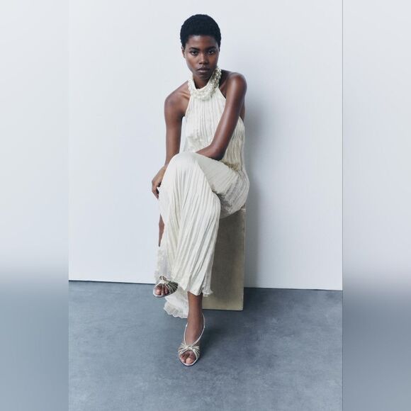 NWT ZARA LONG PLEATED DRESS Light Beige Satim - Picture 11 of 16